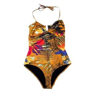 GESTUZ Kelly Swimsuit Floral Animal Leopard Print Brown Halterneck Size M Medium